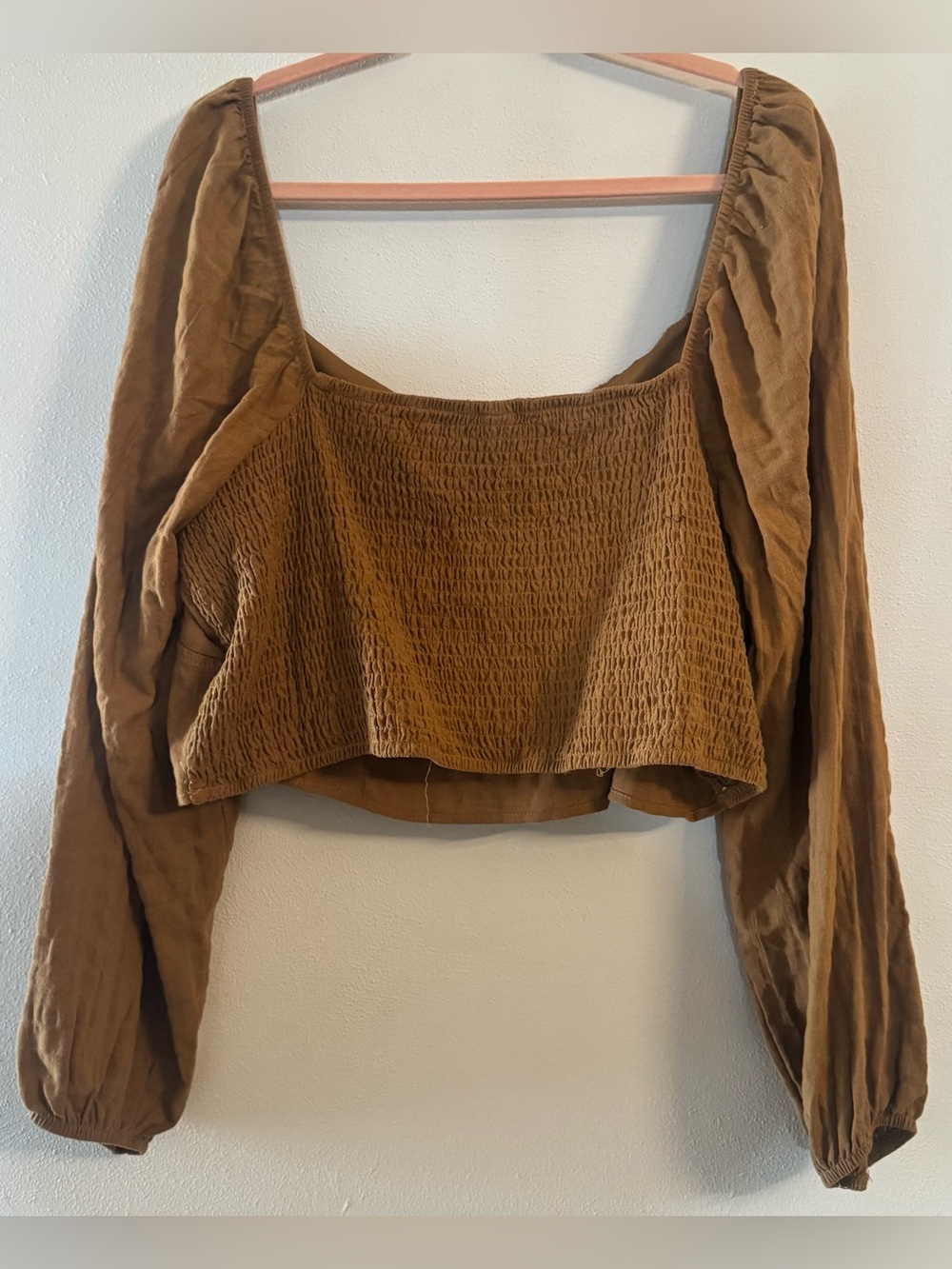 Wild Fable Women's Caramel Brown Puff Sleeve Ruched Neckline Crop Top Plus 2X - Picture 3 of 8